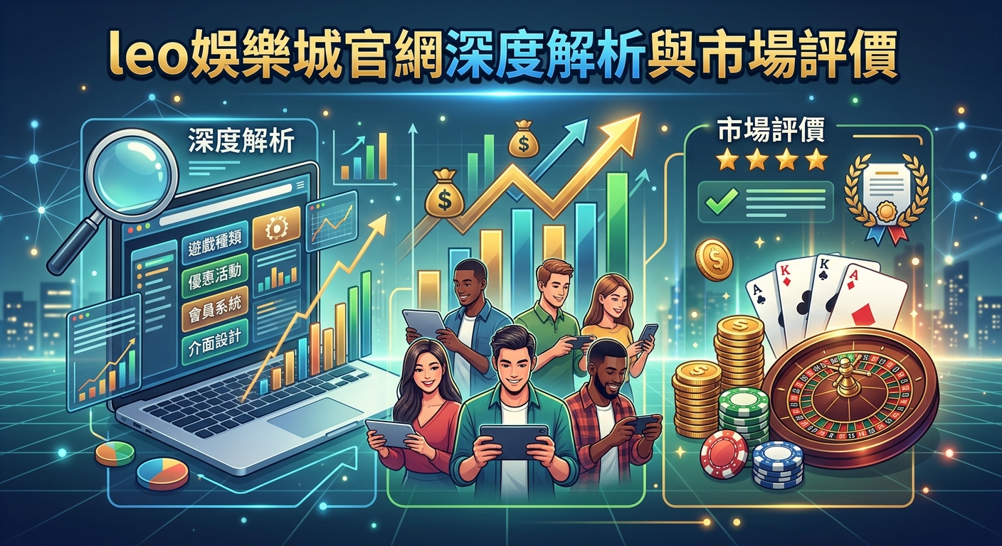 這幅插圖以數位科技風格呈現,畫面上方標有「leo娛樂城官網深度解析與市場評價」的黃色標題字樣。 背景結合了筆記型電腦、數據分析圖表、金幣、撲克牌與輪盤等元素,展現出針對線上娛樂城進行專業分析與評價的氛圍。
