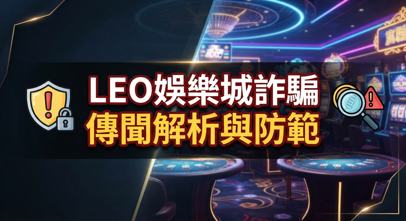 圖片展示了一個線上娛樂城防詐騙主題的標題畫面,背景為賭場風格。 畫面中央醒目地寫著「LEO娛樂城詐騙傳聞解析與防範」字樣。