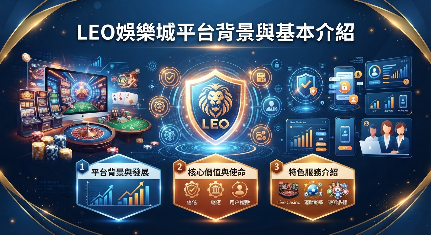 這是一張關於LEO娛樂城平台背景與基本介紹的宣傳主視覺圖片。 畫面中央結合了獅子標誌、安全防護圖標以及娛樂城的各項核心服務圖示。